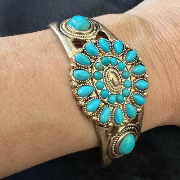 Southwestern Turquoise Style Wide Cuff Bracelet Boho Statement - Picture 4 of 16